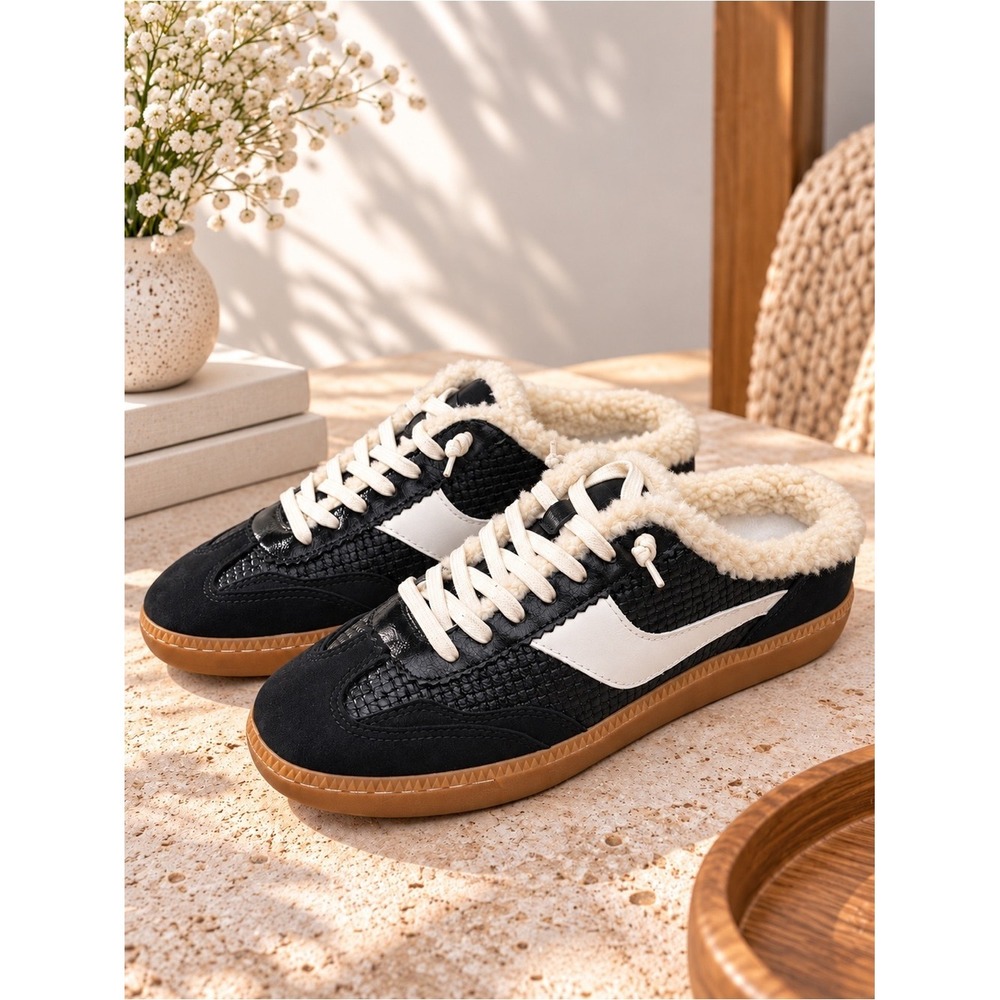 Dolce Vita Notice Slide Plush Black Leather Sneaker Mules Size 9 Shearling Lined